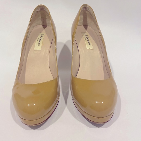 LK Bennett London Tan Patent Sledge Court Pump Stiletto 4” Heel w/0.5” Platform - Picture 7 of 8